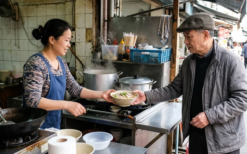 A bowl of noodles handed over at a market stall