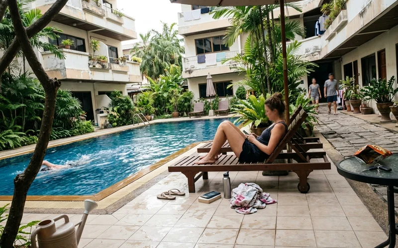 The pool and courtyard of a Chiang Mai condo building