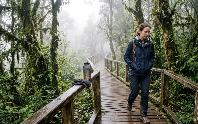 A misty boardwalk trail near the Doi Inthanon summit