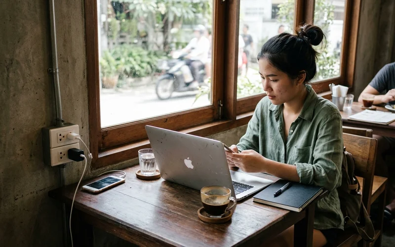 A corner table with a laptop and coffee near a power outlet