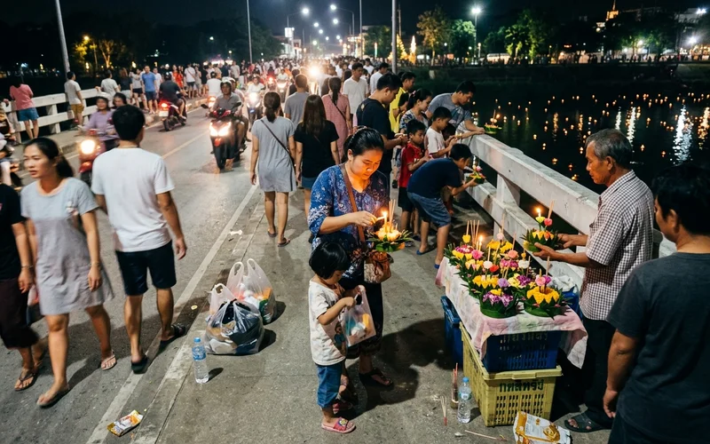 Crowds on a Chiang Mai bridge releasing krathongs at night