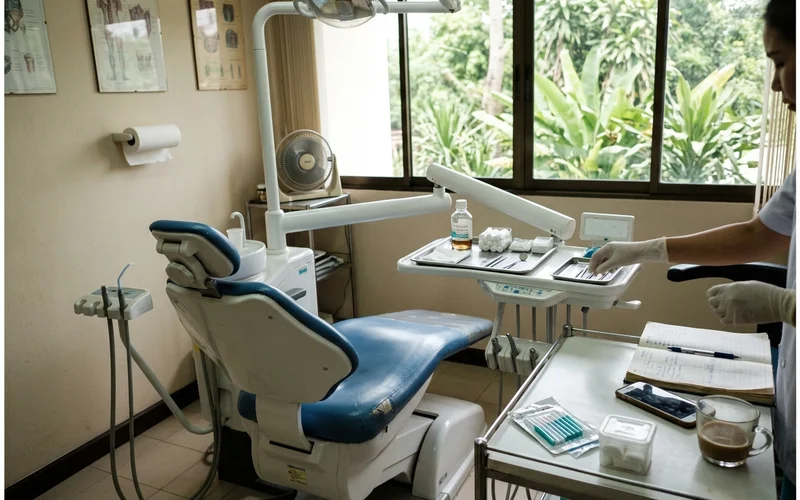 A dental chair and equipment in a clean clinic treatment room
