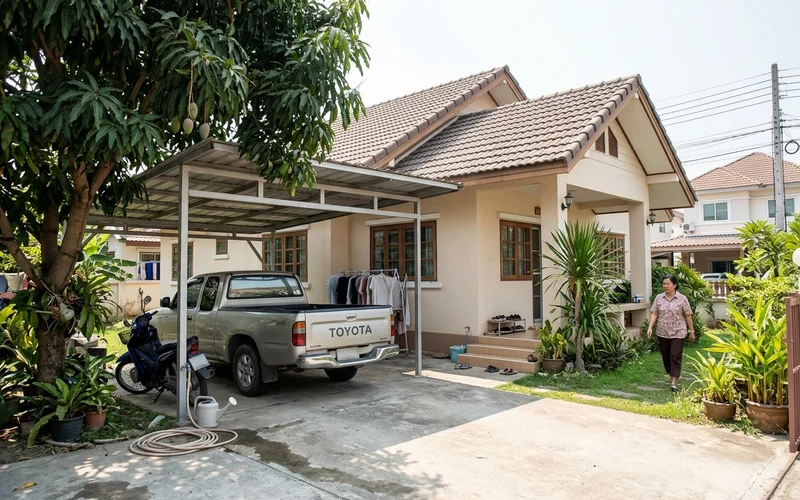 A detached house with a garden in a Chiang Mai moo baan