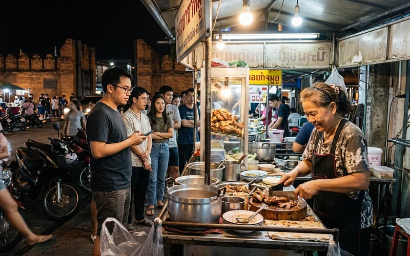 The Chang Phueak gate khao kha moo stall at night
