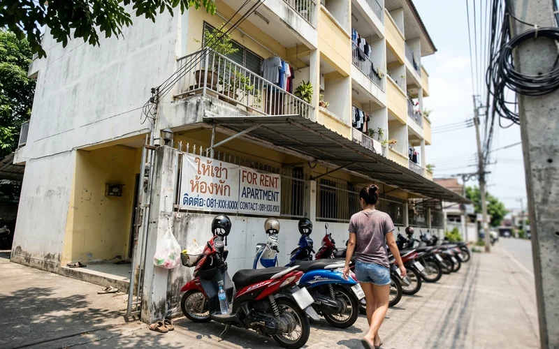 A for-rent sign outside a Chiang Mai apartment building