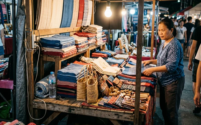 A handicraft stall with textiles and souvenirs at a night market
