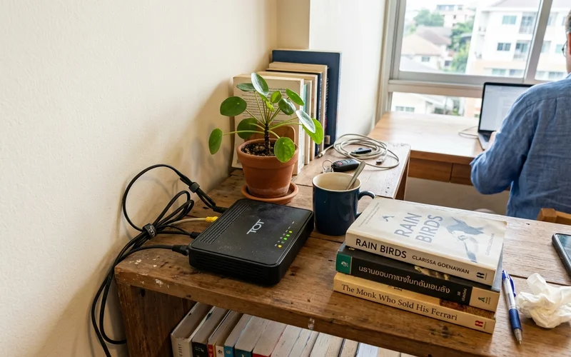 A home fibre router on a shelf in a Chiang Mai condo