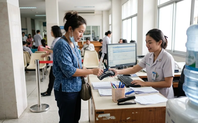 Settling a hospital bill at a cashier counter in Chiang Mai