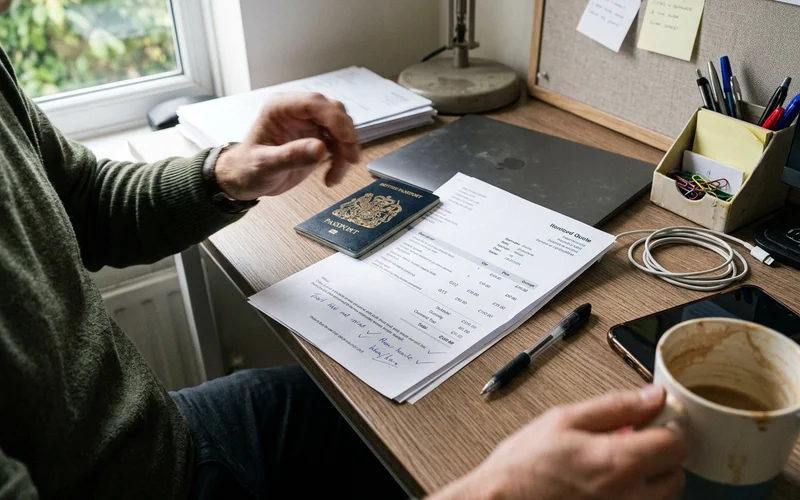 An itemised quote and receipt beside a passport