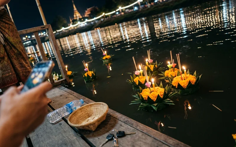 Krathong floats with lit candles drifting on the Ping River