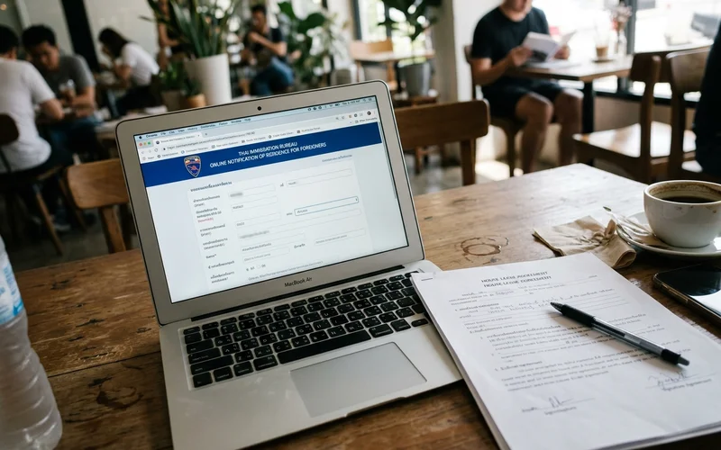 Filing a Thai immigration notification form online at a café table