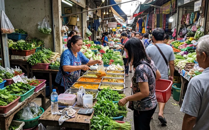 A morning fresh market aisle with vegetables and prepared curries