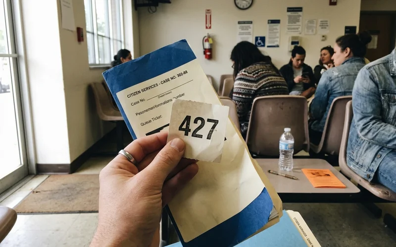 A numbered queue ticket and document folder inside a government office
