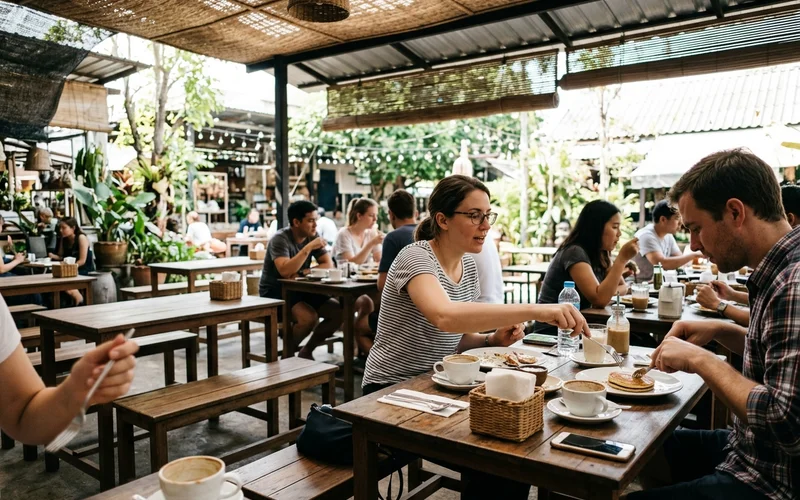 People eating brunch at shaded tables in the market food area