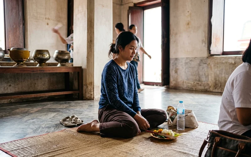 Sitting respectfully with feet tucked back inside a Thai temple
