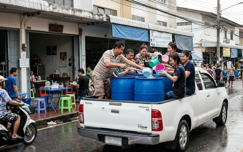 A pickup truck full of people with water barrels during Songkran