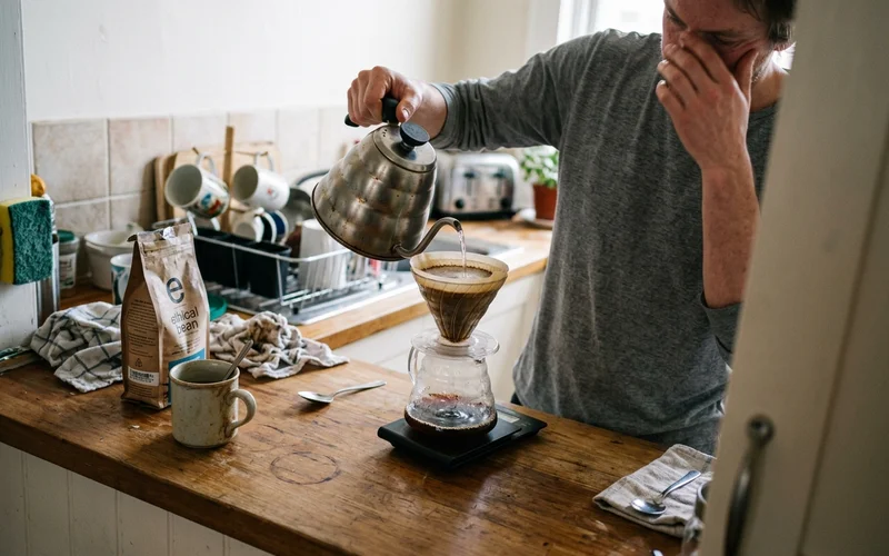 A pour-over coffee being brewed on a café bar