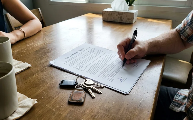 A rental contract, pen and condo keys on a table