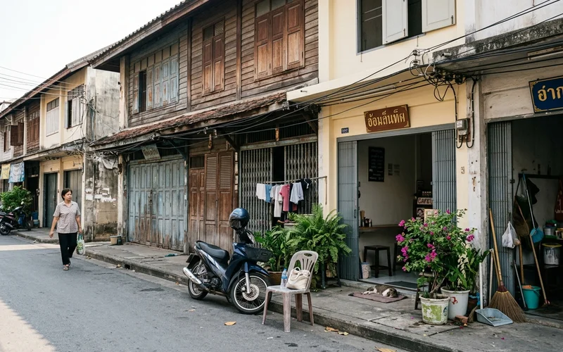 A row of old shophouses in Chang Moi, some renovated
