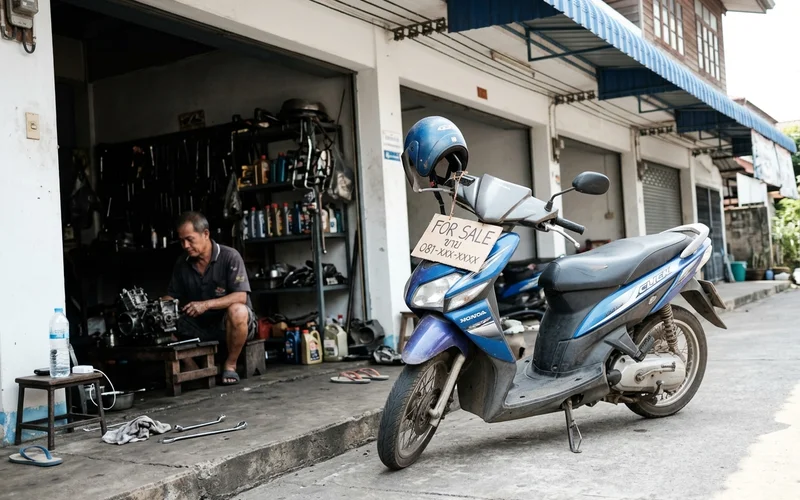 A second-hand scooter for sale outside a Chiang Mai shop