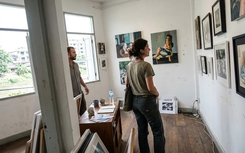 A small art gallery in a converted riverside building