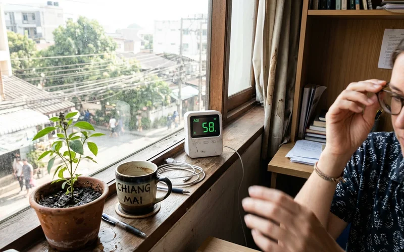 A small air-quality monitor on a windowsill
