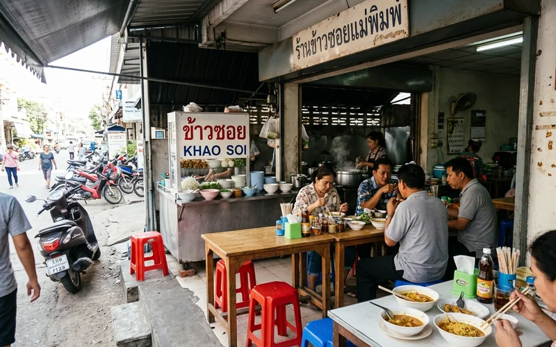 A small khao soi eatery storefront in Chiang Mai