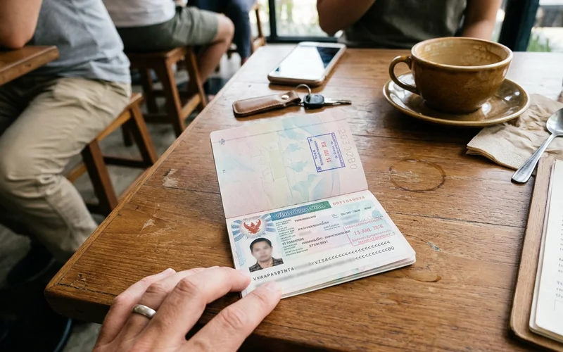 A Thai visa page in an open passport held over a café table