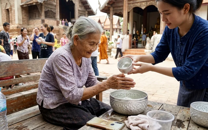 A traditional water-pouring blessing at a temple during Songkran