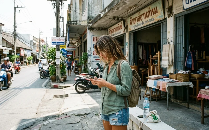 A traveller checking a phone map on a Chiang Mai street