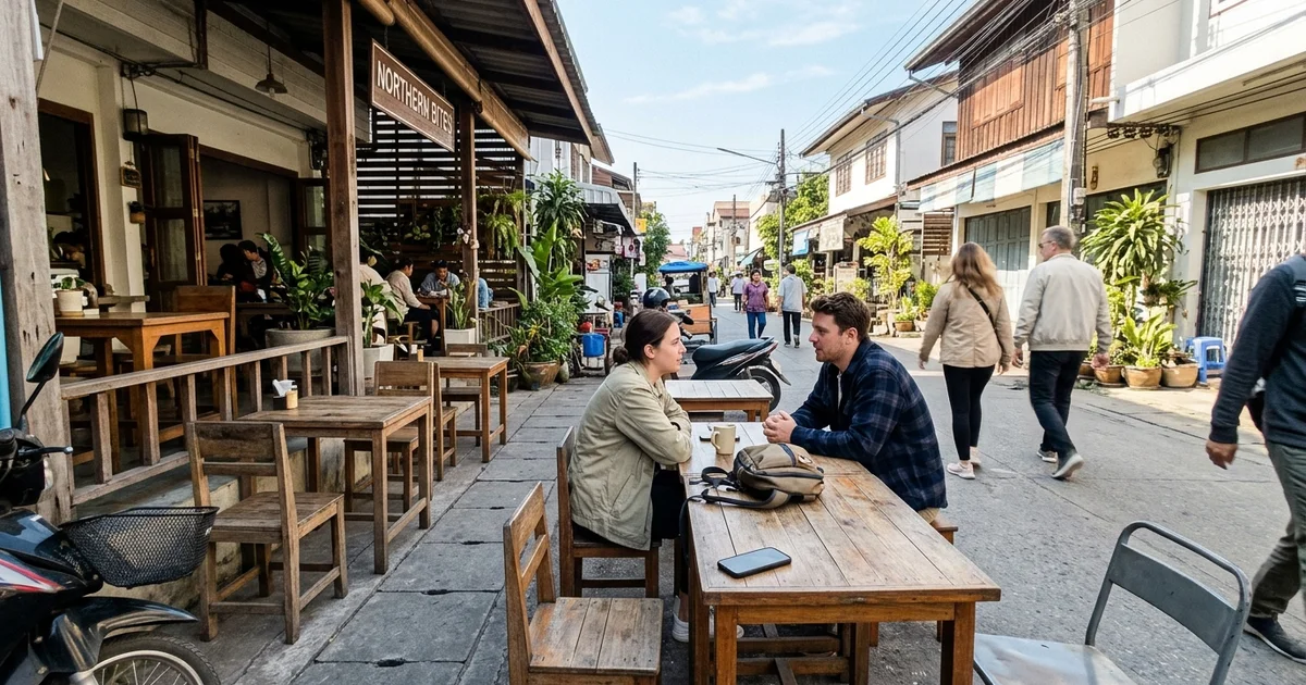 A Chiang Mai street at the start of cool season with clear skies and outdoor café tables