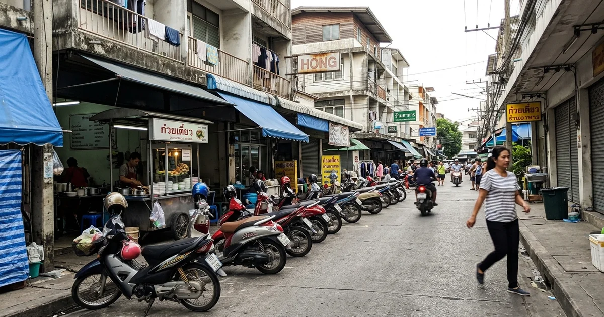 An everyday Santitham street with local eateries and apartment blocks