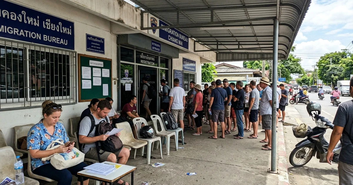 The exterior of a Chiang Mai immigration office with people waiting outside
