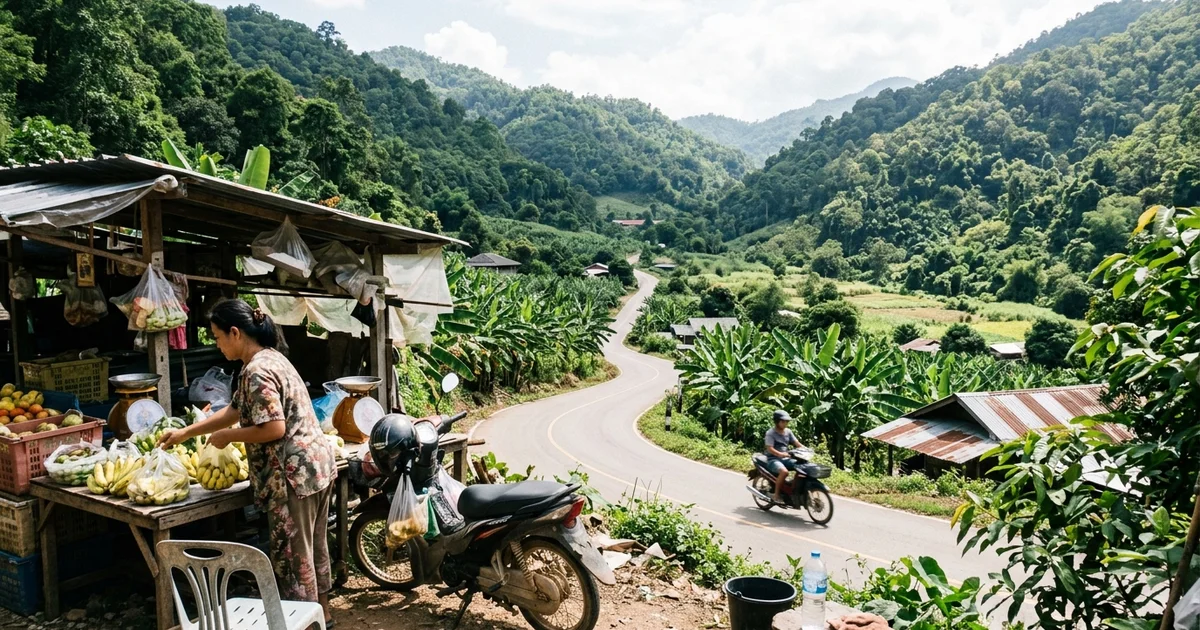 The green Mae Rim valley with forested hills and a winding road