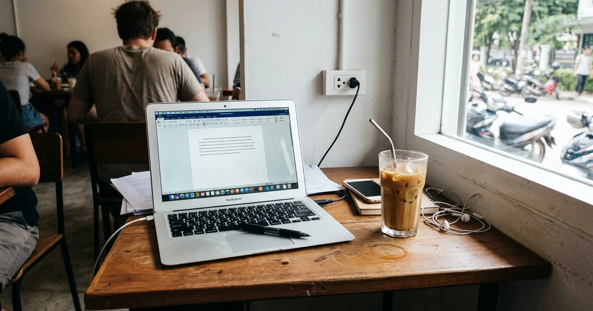 A laptop and iced coffee at a quiet Nimman café table beside a power socket