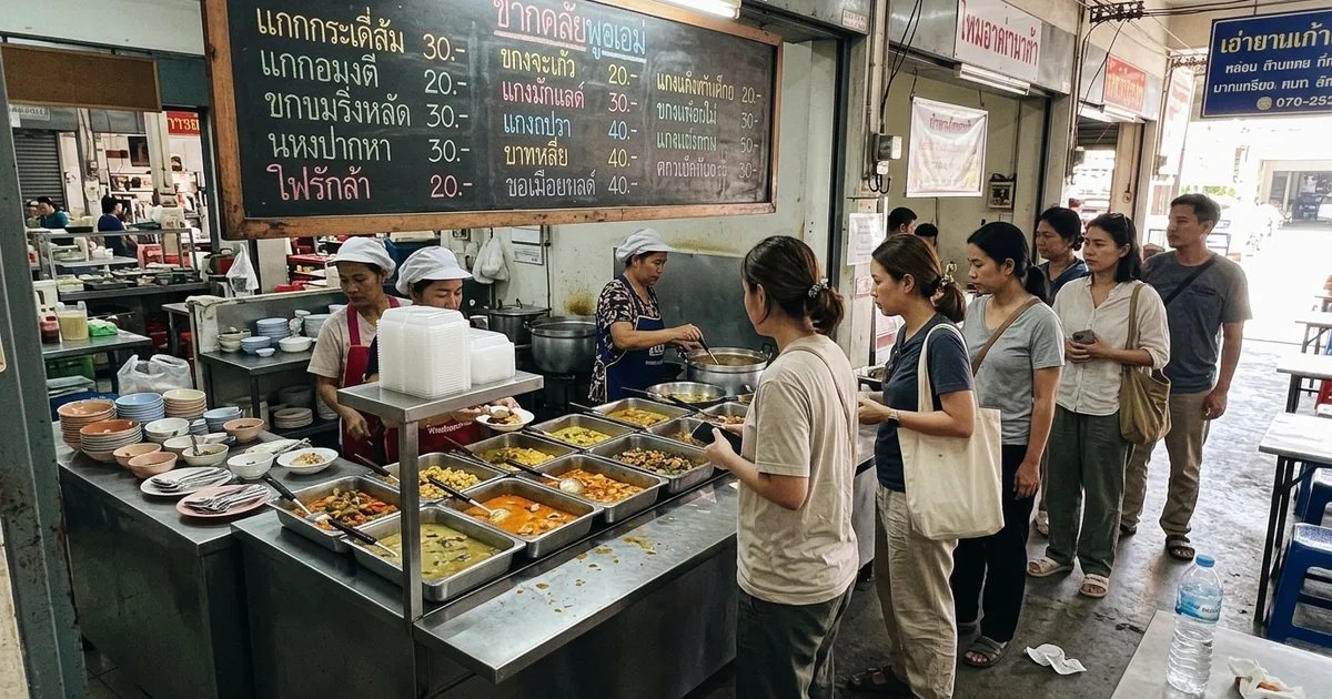 A Chiang Mai food court stall with prices chalked on a board