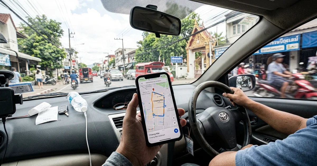 A phone showing a ride-hailing map in a car in Chiang Mai