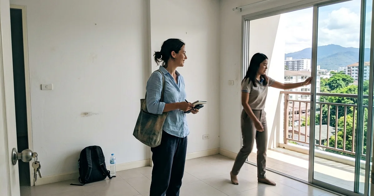 Viewing an empty condo unit in Chiang Mai with an agent