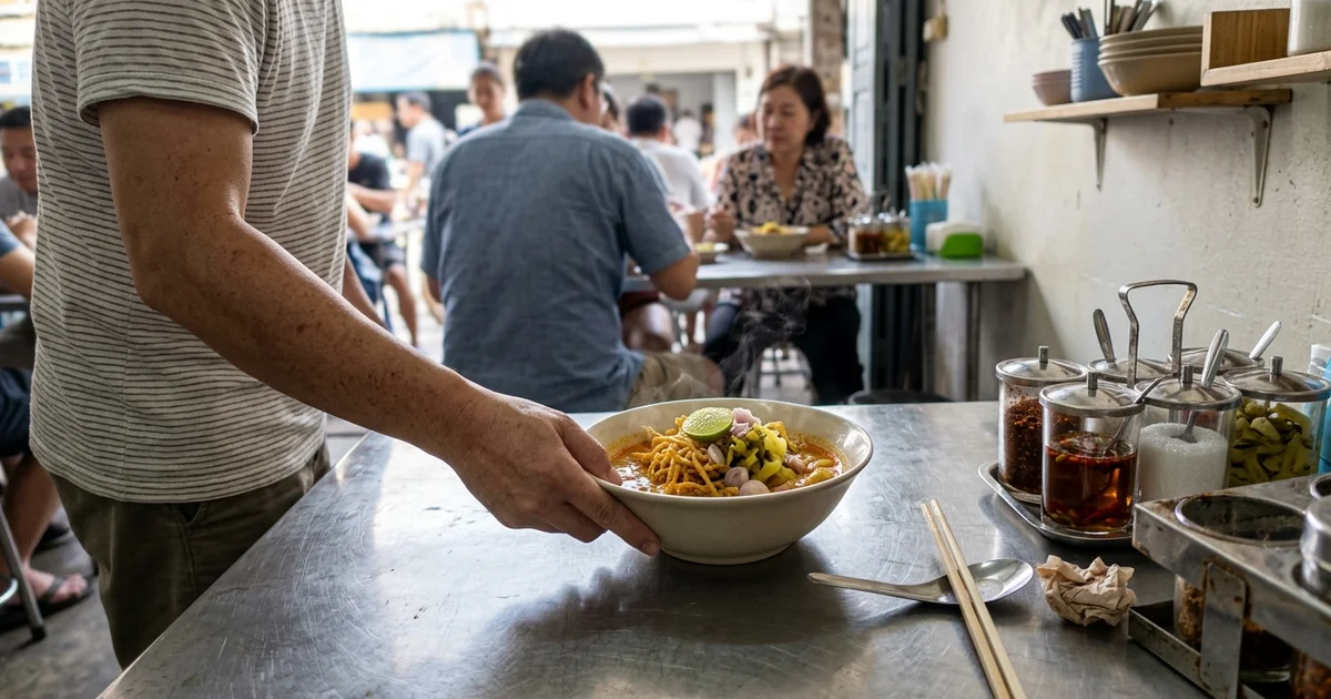 A steaming bowl of khao soi at a busy local shop in Chiang Mai