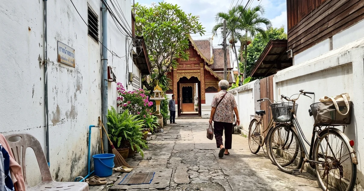 A walkable Old City lane leading toward a temple gate in morning light