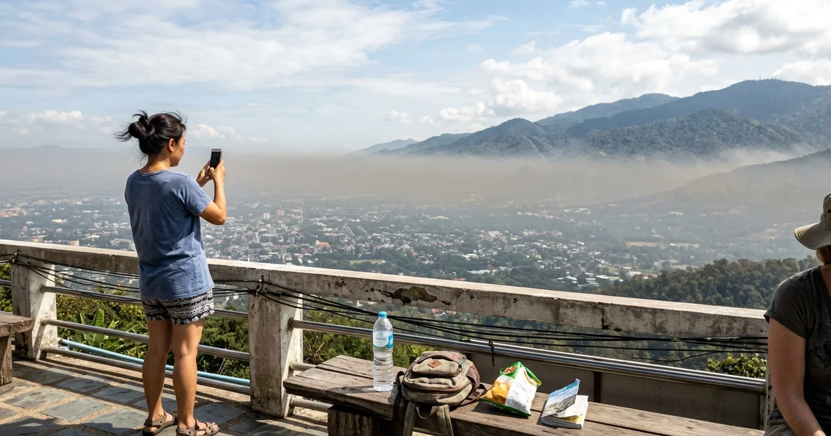 The Chiang Mai valley ringed by hills with a haze layer sitting over the city