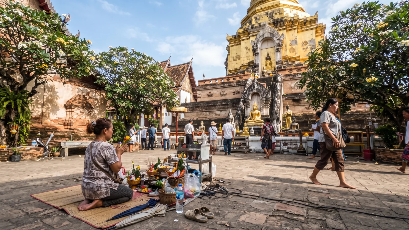 A golden chedi and brick temple walls in Chiang Mai under morning light