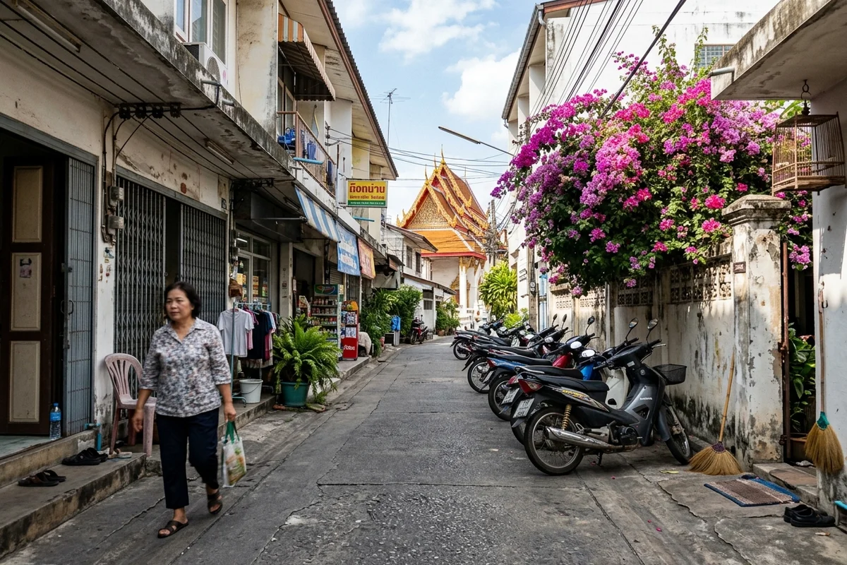 A narrow Chiang Mai soi lined with shophouses and scooters