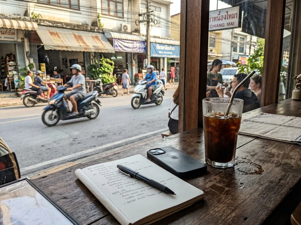 A notebook and phone on a café table in Chiang Mai