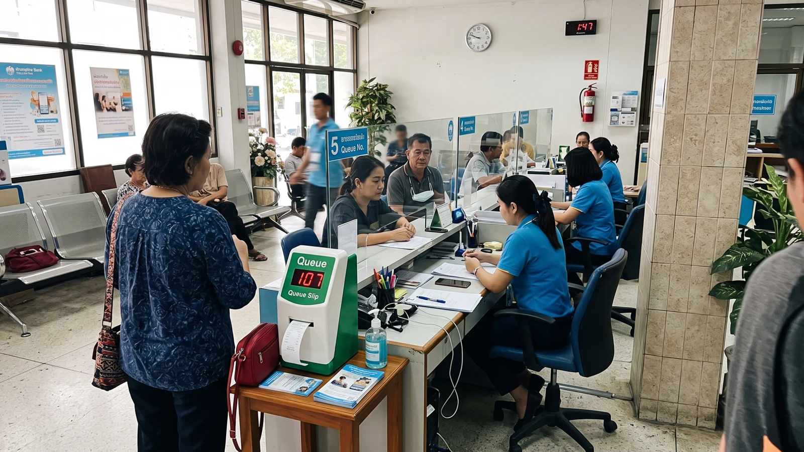 Inside a Thai bank branch in Chiang Mai with a queue ticket machine