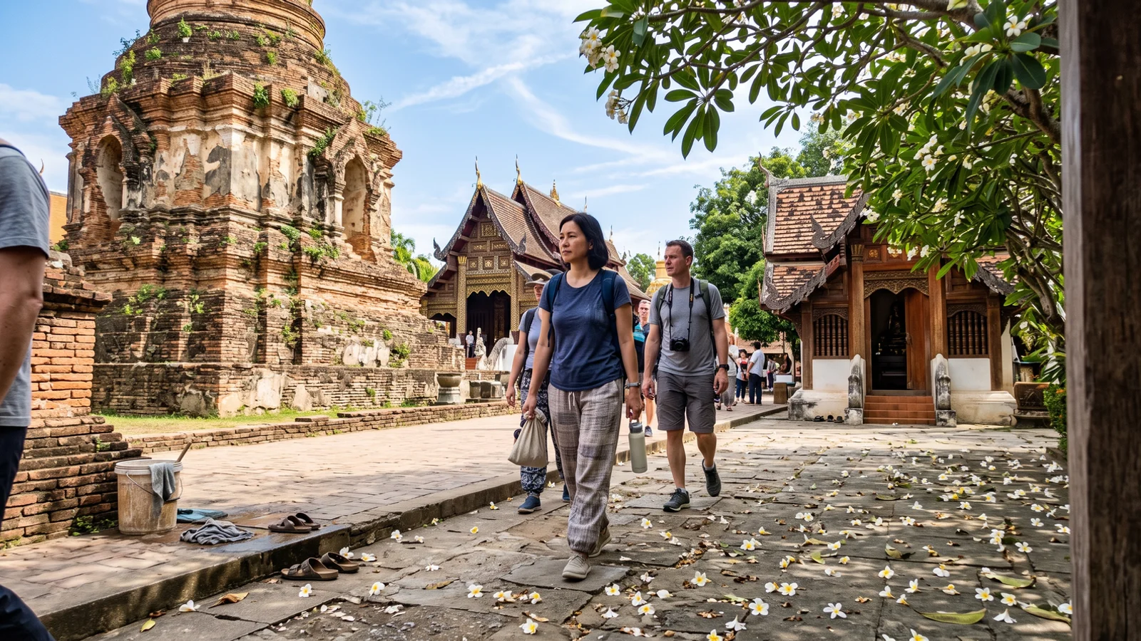 Visitors walking between temple buildings in the Chiang Mai Old City