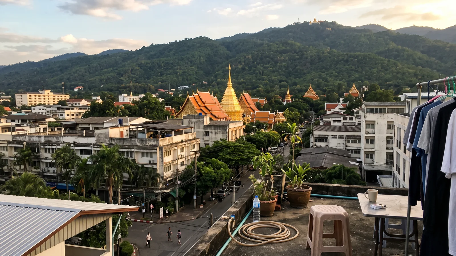 Chiang Mai at golden hour with temple roofs and Doi Suthep behind